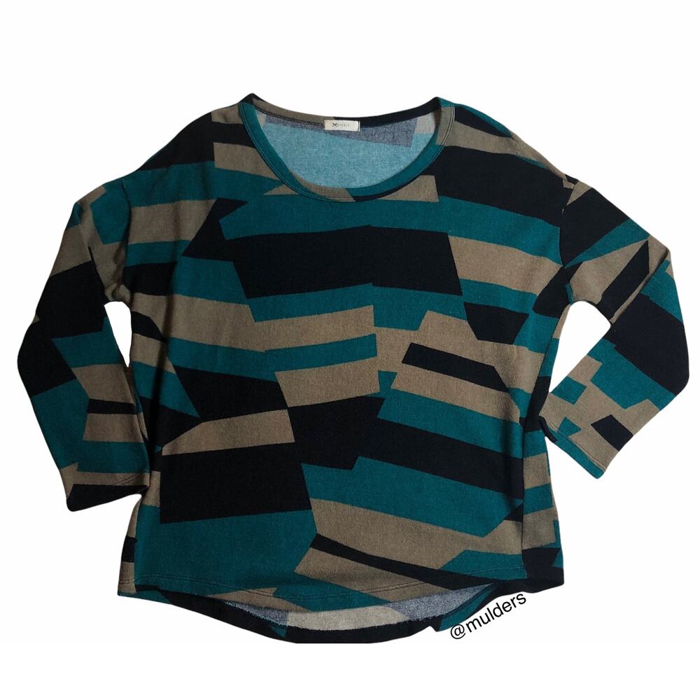 Everly Blue, Tan, Black Geometric Grandpa Sweater